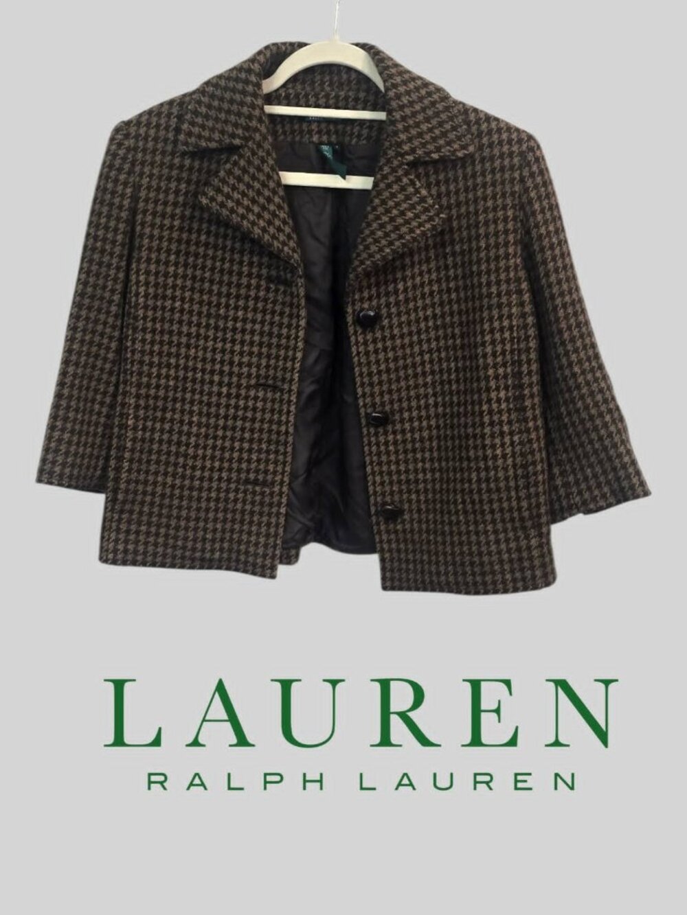 Lauren Ralph Lauren Brown Houndstooth Wool Blend Cropped Blazer Jacket Womens 14